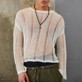 Hearujoy Mens Hollow See-Through Sexy Knitted Sweater Autumn Genderless Nightclub Elastic Loose Versatile Long-Sleeved Sweater Unisex