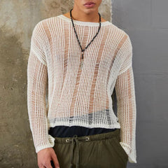 Hearujoy Mens Hollow See-Through Sexy Knitted Sweater Autumn Genderless Nightclub Elastic Loose Versatile Long-Sleeved Sweater Unisex