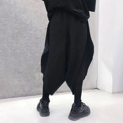 Hearujoy Mens Dark Style Casual Irregular Cropped Pants 2024 New Genderless Trendy Personalized Solid Color Loose Wide Leg Pants Unisex