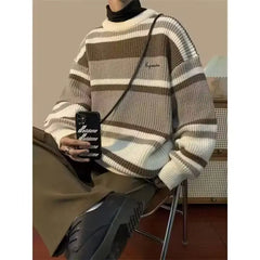 HEARUJOY - Men's Retro Striped Contrast Thickened Trendy Brand Loose Sweater Jacket