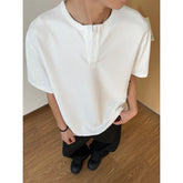 HEARUJOY - Summer Short Sleeved T-shirt Men Black White Casual T Shirt Men Streetwear Korean Loose Round Neck Button T Shirt Mens Top M-3XL