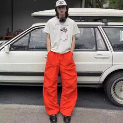 HEARUJOY - American Sle Red Work Pants Women's Loose Wide Leg Straight Cut Sports Trousers Spring Autumn High Waist Summer Casual Pants