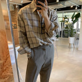 HEARUJOY - Spring Cotton Long Sleeve Shirt Men Fashion Retro Khaki Black Plaid Shirts Mens Korean Loose Oversized Casual Shirt Men M-2XL
