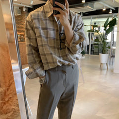 HEARUJOY - Spring Cotton Long Sleeve Shirt Men Fashion Retro Khaki Black Plaid Shirts Mens Korean Loose Oversized Casual Shirt Men M-2XL