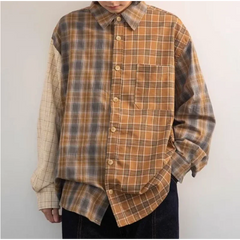 HEARUJOY - New Arrival Mens American Style Trendy Plaid Patchwork Long Sleeve Shirt Spring New Style Casual Versatile Shirt Outerwear