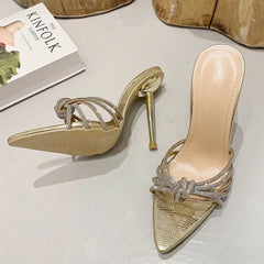 Hearujoy Sexy CRYSTAL Narrow Band Slipper Women Summer Fashion Pointed Toe Thin Heels Slides Sandals Rhinestone Slim Heel Muller Shoes