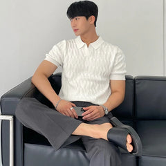 HEARUJOY - Summer Clothing Men's Light Luxury Knitted Jacquard Polo Shirt V-Neck Solid Color Short-sleeved Korean Popular Leisure Knitwear