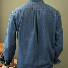 HEARUJOY - Lapel Collar Cotton Blend Denim Shirt Long Sleeve Shirt Retro Shirt British Versatile Casual Shirt Man Camisa Social Masculina