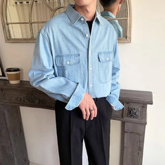 HEARUJOY - American Vintage Men's Denim Shirt Safari Style Double Pocket Lapel Long Sleeve Top Spring Autumn Fashion Streetwear Shirts Male