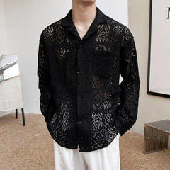 HEARUJOY - New Chic Men Hollow Out Cardigan Tops Light Luxury Korean Style Long Sleeve Shirts Casual Retro Solid Color Button-down Blouse
