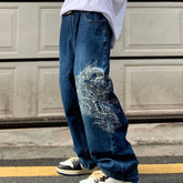 Hearujoy Gothic dragon pattern embroidery design high waist jeans men y2k street baggy jeans men high street hip hop casual jean