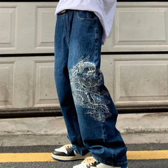 Hearujoy Gothic dragon pattern embroidery design high waist jeans men y2k street baggy jeans men high street hip hop casual jean