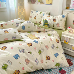 YICKYUE - 100% Cotton 4-Piece Duvet Cover Set (1 Duvet Cover 2 Pillowcases 1 sheet), Minimalist Cartoon Design, Ultra-Soft Bedding Set
