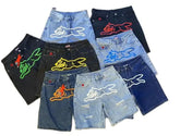 Hearujoy Summer New Fly Dog Hip Hop Graphic Printed Denim Shorts Mens Wide Leg Baggy Jeans Y2k Streetwear Fashion Knee Length Pants Jorts