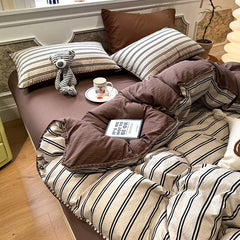 YICKYUE - Nordic Stripe Two-Tone Bedding Set High Quality Skin-Friendly Bedclothes with Shell Edge Comfort Colorfast Bed Sets for Single