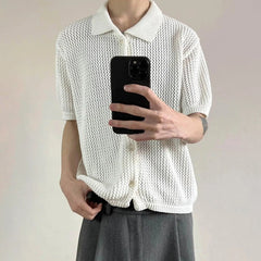 HEARUJOY - Men's Solid Color Hollow Short-Sleeved Shirt American Retro Fashion Trend Leisure Loose Breathable Niche Summer New Men's Tops