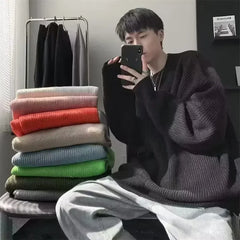 HEARUJOY - Pullovers Knitted O Neck Sweaters Men Long Sleeve Solid Jumpers High Street Loose Slight Strech 2025 New Standard Wool Winter