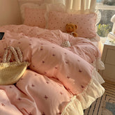 YICKYUE - 3/4Pcs Bedding Set Korean Princess 100% Cotton Pink Bed Sheet Ruffle Couple Quilt Duvet Cover Beddings Sets Full For Home