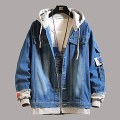 HEARUJOY - Mens Hooded Denim Jacket Hip Hop Jeans Coat Retro Streetwear Casual Bomber Jacket Outerwear Male Jeans Hoodies Coats