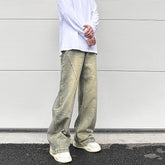 Hearujoy Vintage Oversized Split Deconstructed Wide Jeans for Men Yellow Mud Dyed Washed Distressed Wide Leg Jeans Cat Whisker Denim Pant