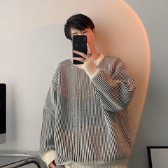 Hearujoy Striped Knitted Sweater Coat Men Japanese Oversize Casual Autumn Winter Loose O-neck Pullovers for Man Streetwear