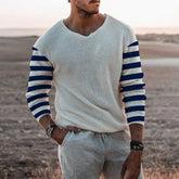 HEARUJOY - Men's Casual Knitted Sweater, Long Sleeve, Patchwork Color, O-Neck Tees Top, Loose Hollowed Breathable Knitwear, Streetwear