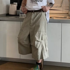 HEARUJOY - Cargo Cropped Pants Mens Summer New Multiple Pockets Casual Wide Leg Tooling Shorts Street Retro Paratrooper Overalls Thin