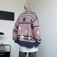 Hearujoy Y2K Star Sweater Men Harajuku Striped Knitted Pullovers Jumpers Male Tops Oversize Purple Winter Streetwear Hip Hop