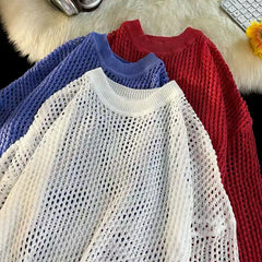HEARUJOY - Hollow Hole Men Women knitted Tshirts High Street Fashion Loose Long Sleeved Top Autumn Sexy Mesh Knit Sweater Pullover Unisex