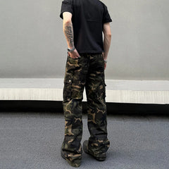 Hearujoy Mens Denim Trousers Vintage American Retro High Street Camouflage Functional Design Straight Durable Versatile Trousers Summer