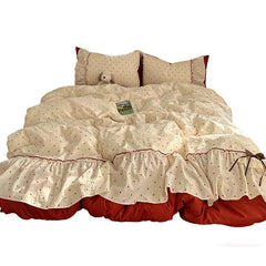 YICKYUE - 3/4Pcs Bedding Set Korean Princess Polka Dot Bedding Cute Bow Bed Linen 2 Bedroom Cotton Bed Linen With Ruffles Couple Quilt