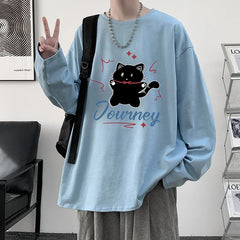 HEARUJOY - Men's Plain T-shirts Cotton Full Sleeves 5XL Fashion White Mens Oversized T Shirt Casual Wear Funny Cat Print Tee Shirts for Men