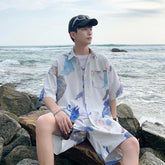 Hearujoy Summer Men's Hawaiian Beach Sets Single Breasted Graffiti Printed Short Sleeve Shirt and Shorts Casual Vacation Travel Outfit