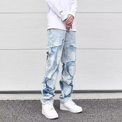 Hearujoy Streetwear Swag Style Blue Frayed Jeans Pants for Men Retro Washed Ripped Casual Tapered Denim Trousers Slim Fit Y2k Jean Male