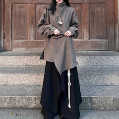 HEARUJOY - Y2k Layered Buttoned Culottes Dark Gothic Style Hakama Genderless Japanese Streetwear Casual Wild Wide-Leg Samurai Pants Unisex