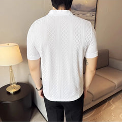 HEARUJOY - Men's Slim V-Neck Spring Summer Stretch Knit Top Geometric Texture, Breathable Layering Base for Casual & Smart-Casual Outfits