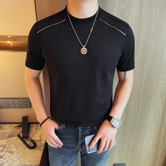 HEARUJOY - Men's Summer 65% Cotton Zipper-Shoulder Tee | Slim Fit Round Neck Short Sleeve Shirt in Black/White