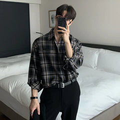HEARUJOY - Spring Cotton Long Sleeve Shirt Men Fashion Retro Khaki Black Plaid Shirts Mens Korean Loose Oversized Casual Shirt Men M-2XL