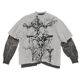 Hearujoy Y2K Affliction New American Retro Washed Men Long-sleeved Round Neck Fake Two piece Shirt Skull Print Trend Street Casual Shirt