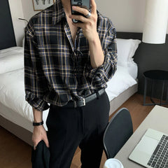 HEARUJOY - Spring Cotton Long Sleeve Shirt Men Fashion Retro Khaki Black Plaid Shirts Mens Korean Loose Oversized Casual Shirt Men M-2XL