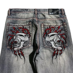 Hearujoy Y2K Gothic Skull Embroidered Baggy Jeans for Men Harajuku Women High Waist Wide Leg Straight Pants Punk Grunge Trendy Streetwear
