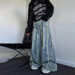 Hearujoy Mens Pants Heavy-Duty Frayed Edge Splicing Design Washed Worn Denim Jeans Autumn Hawaiian Vintage Baggy Wide Leg Pants Unisex