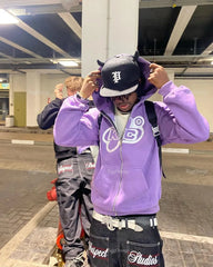 Hearujoy Retro Letter Print Hoodie Zipper American Purple Streetwear Casual Clothes Hip Hop High Street Oversize Sweatshirts Loose Coat