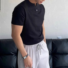 HEARUJOY - New Men Luxury Henry Collar T-Shirt Leisure Slim Button-down Solid Color Short Sleeve Tops Korean Style Summer Breathable Tees