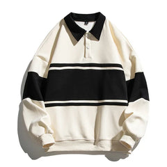 HEARUJOY - Men Polo Collar Sweatshirts Spring Autumn Vintage Striped Patchwork Pullover Tops Casual Loose Hoodies Male Harajuku Streetwear