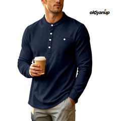 YICKYUE - American Retro Henry Collar Tshirts Mens Long Sleeved Button Placket Pocket Polo Shirts Spring Autumn Casual Loose Knit Tee Top