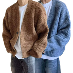 YICKYUE - Vintage American Style Men Loose Sweater Outwear Autumn Winter Heavy Duty V-neck One button Coarse Knitted Cardigan Coat