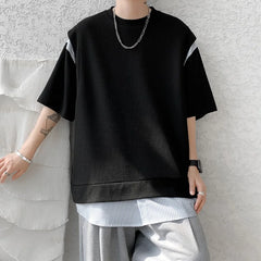 Hearujoy Fake Two Piece Striped Patchwork T-shirts Loose Mens Streetwear Casual T Shirt 2024 Summer Short Sleeves Tshirt Tee Tops