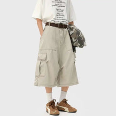 HEARUJOY - Summer Cotton Casual Pants Men Pocket Cargo Pants Men Japanese Streetwear Hip-hop Loose Wide Leg Pants Mens Calf-Length Pants