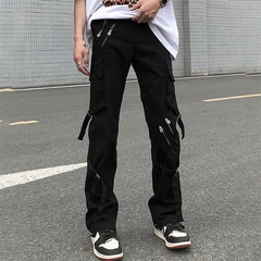 HEARUJOY - High Street Black Multi Zipper Jeans Men Streetwear Baggy Wide Leg Jeans 2025 American Straight Casual Loose Denim Cargo Pants